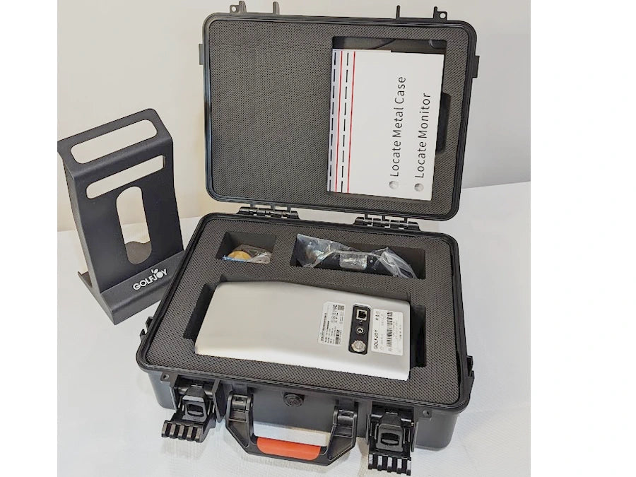 The open black equipment case, labeled "Coalsafe," includes a manual, multiple compartments for devices, and a stand. Ideal for use with GolfJoy GDS Plus Launch Monitor by GOLFJOY, it provides reliable protection for your gear.