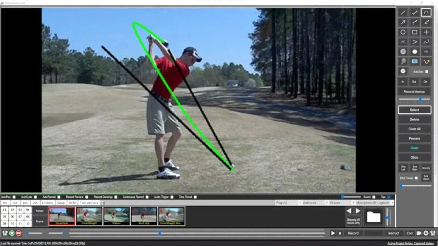 A person in a red shirt and cap practices their golf swing on a lush grassy course, with ALLSPORTSYSTEMS showcasing swing angles on a screen using Golf Launch Monitors and Simulators from brands like Garmin, GolfJoy, OptiShot, SkyTrak, and Uneekor.