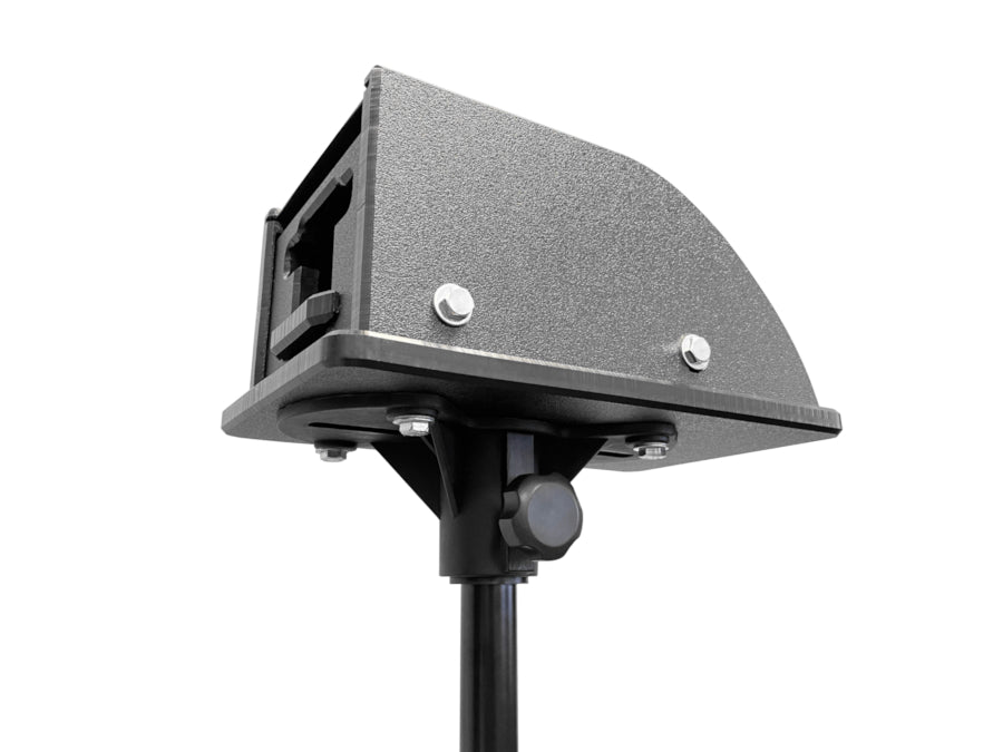 An outdoor security camera in black and gray, similar to the technology by AllSportSystems, is housed within a Rugged Video Camera Shield Enclosure and mounted on a stand against a white background.