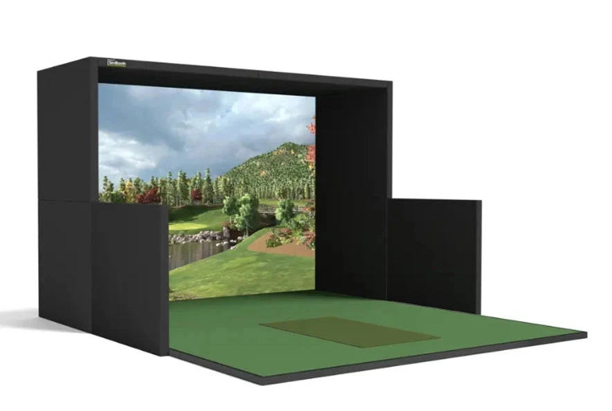 High end golf simulator bays and enclosures with side walls and ceiling protection.