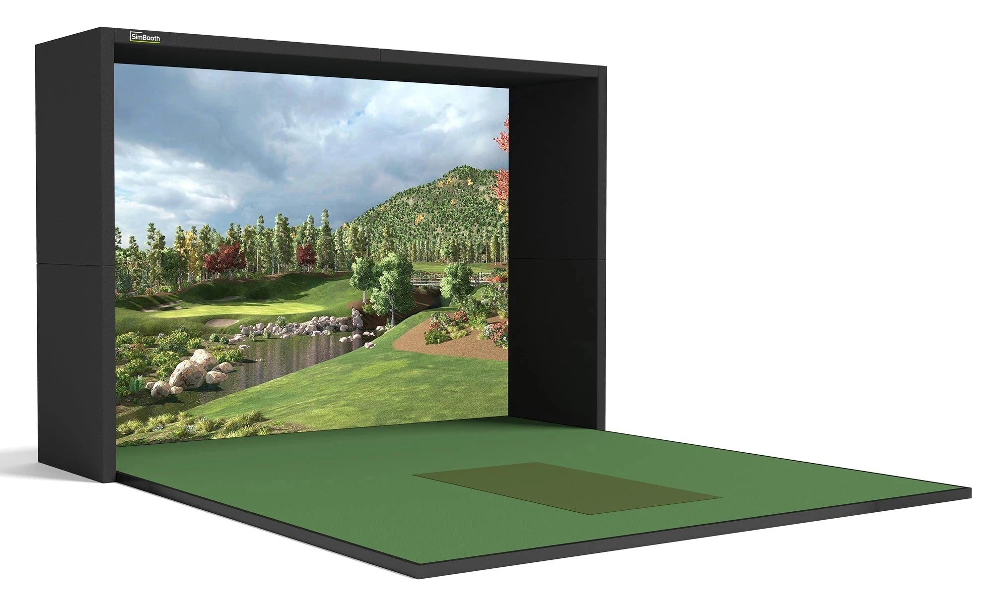 High end home golf simulator bays and enclosures with full golf flooring and solid side walls from SimBooth.