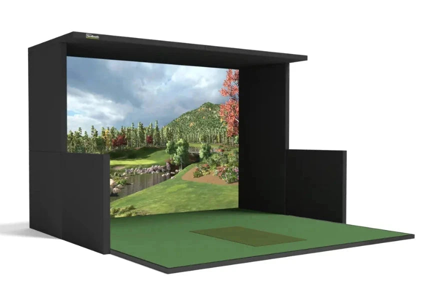 High end golf simulator bays and enclosures with side walls and ceiling protection.