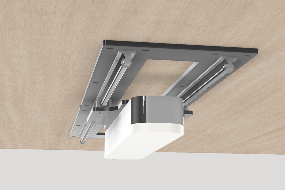 A track based sliding mount for overhead launch monitors used in indoor golf simulators.