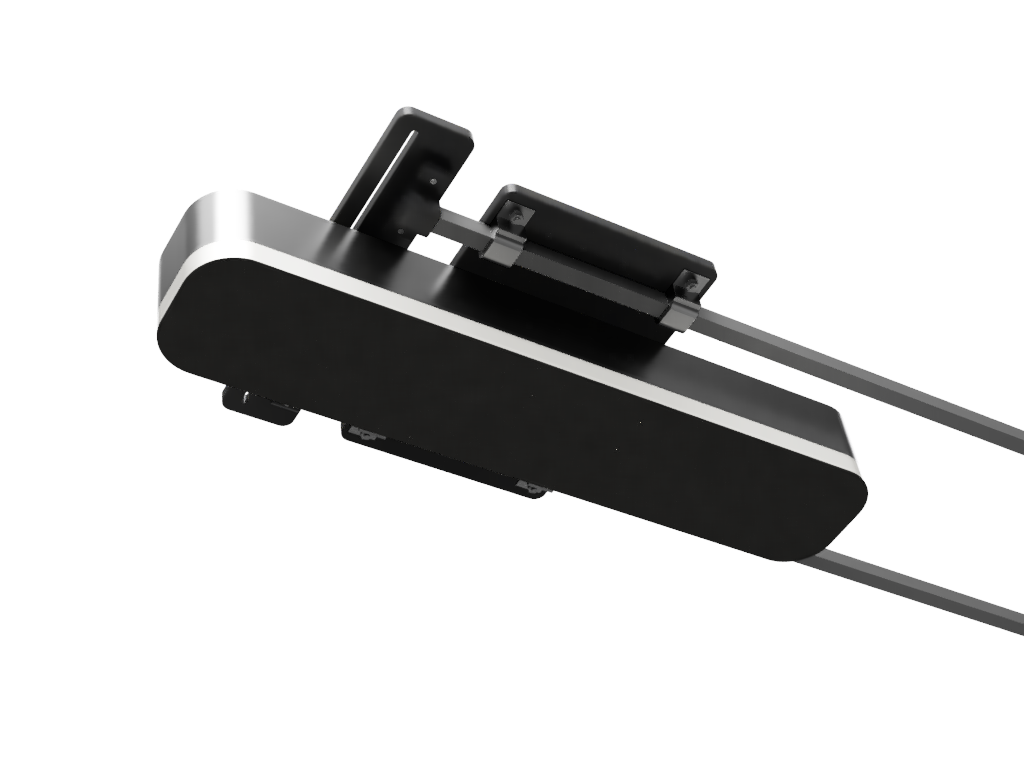 A close-up of the sleek black and silver SkyRail-LM Sliding Mount by ALLSPORTSYSTEMS showcases its sliding mount and cables, ideal for integrating with an overhead golf launch monitor or simulator setup.