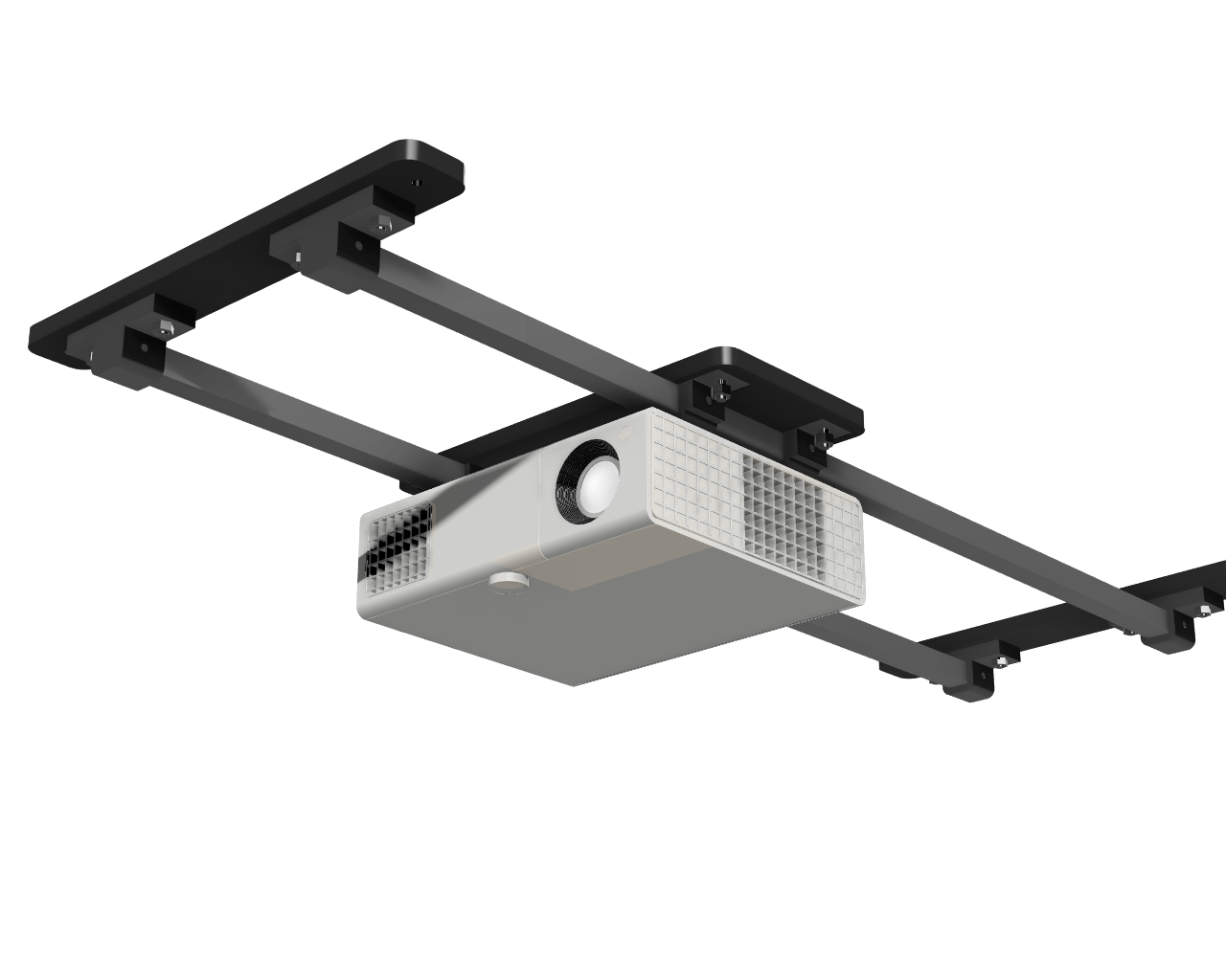 Ceiling-mounted projector attached to the AllSportSystems SkyRail Adjustable Sliding Ceiling Projector Mount for Golf Simulators.