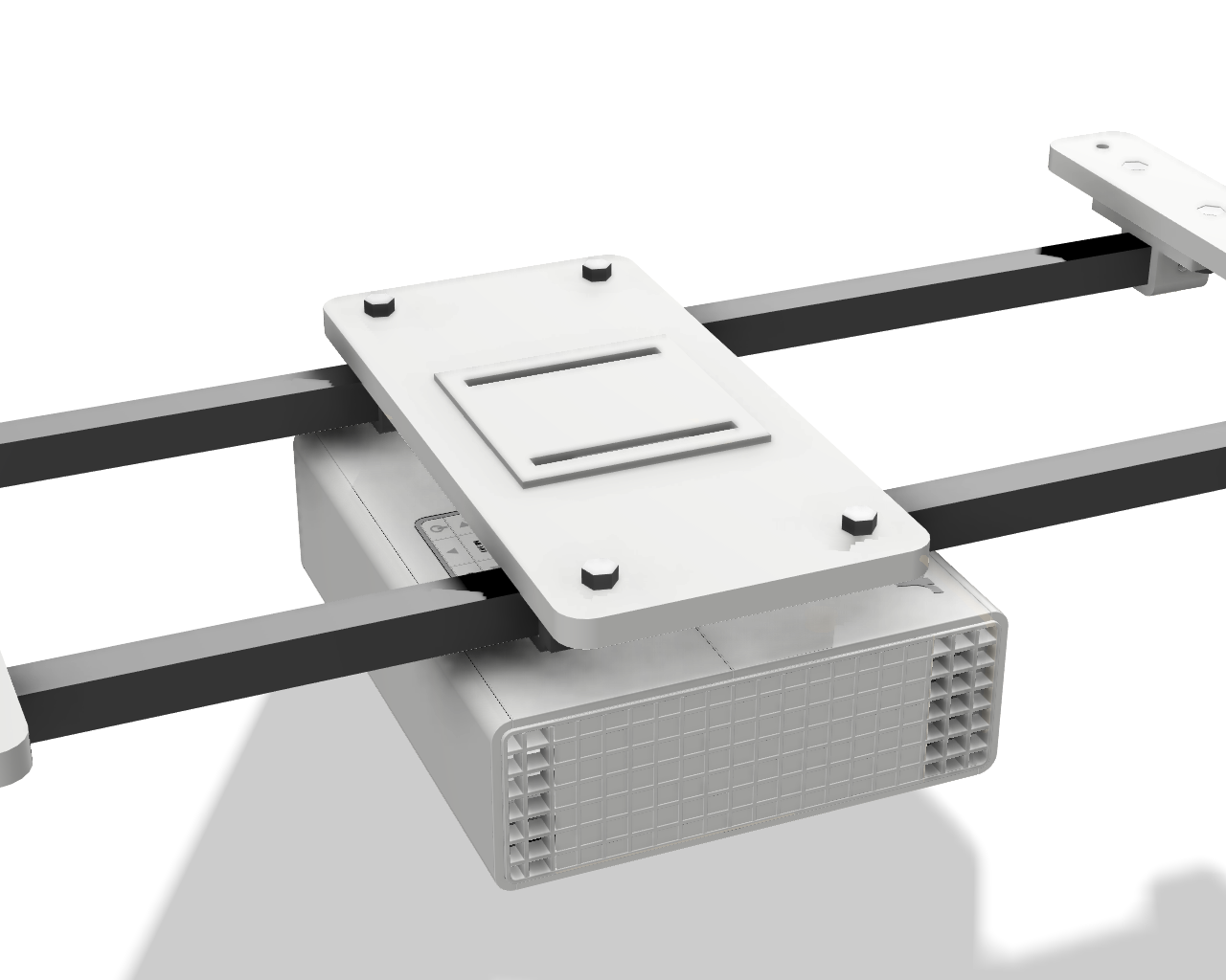 An angled view reveals the innovative design of the AllSportSystems SkyRail Adjustable Sliding Ceiling Projector Mount for Golf Simulators, featuring two tracks.