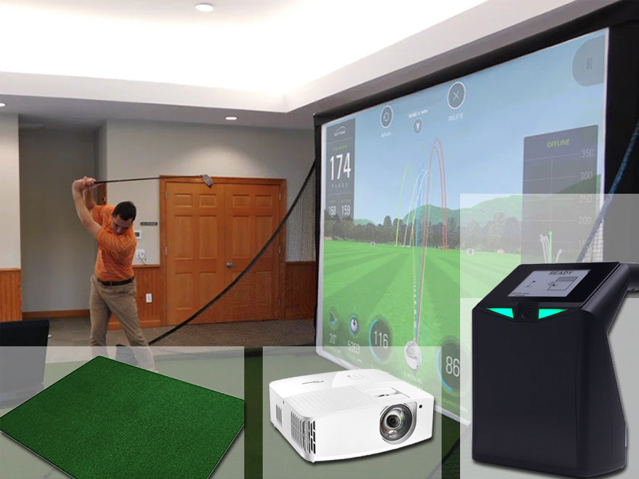 A small complete golf simulator kit featuring the TruGolf LaunchBox paired with the MicroBay for small rooms from ALLSPORTSYSTEMS. This package also includes a golf impact screen, projector, and mat.