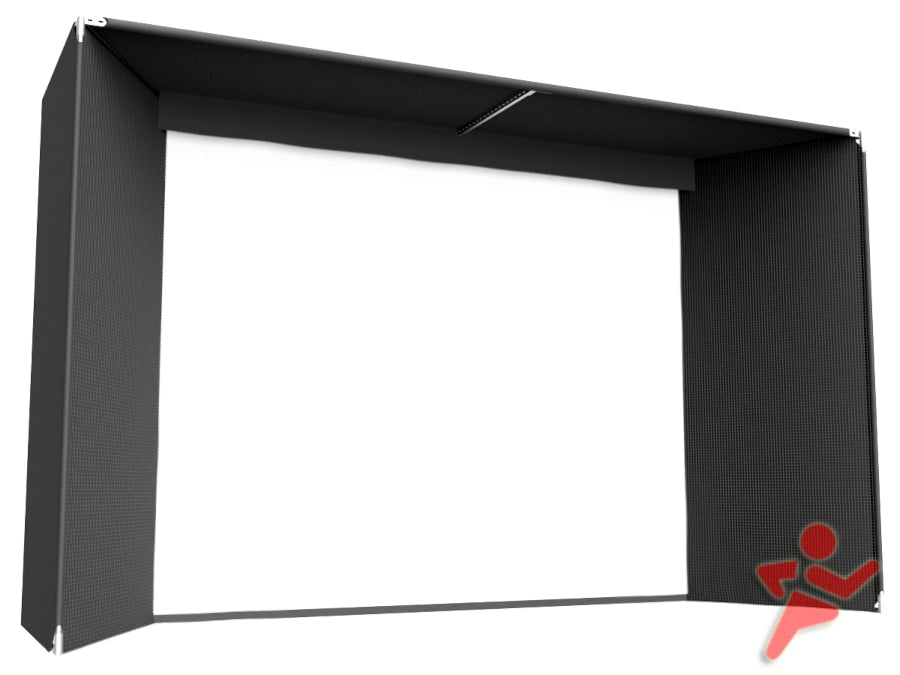 Pro Studio Golf Simulator Packages and Kits by ALLSPORTSYSTEMS, featuring a white backdrop with black sides, ideal for capturing images of products.