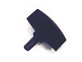 Black T-shaped knob featuring a threaded metal screw, displayed on a white backdrop, perfect for your AllSportSystems Laptop Tripod Computer Stand or golf accessory needs.