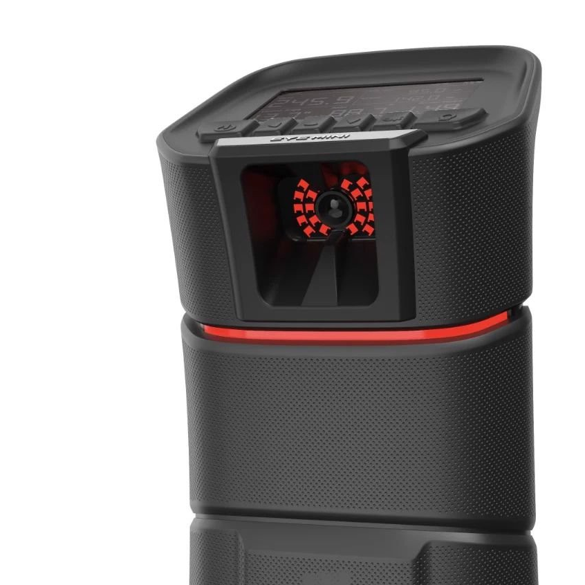 A black and red Uneekor EYE MINI portable Golf Launch Monitor with Club Optix Technology.