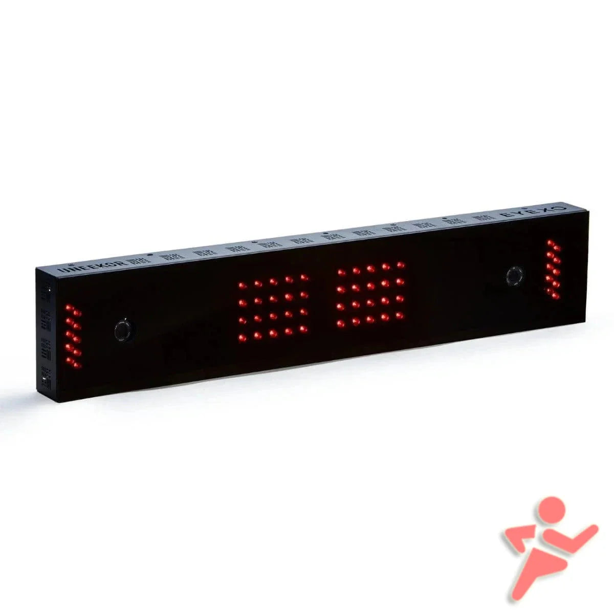 Complete Golf Simulator Package with Uneekor Eye XO and 16-9 SuperBay features a black rectangular electronic scoreboard, complete with a red digital display that shows zeros.