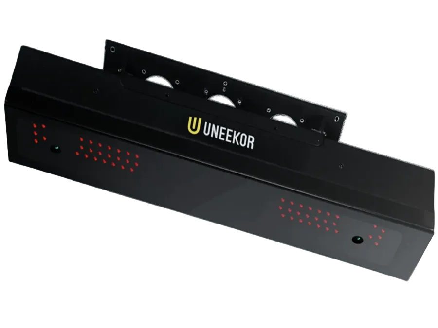 Uneekor EYE XR rear mounted golf sim launch monitor featuring a clean rear mounted design.