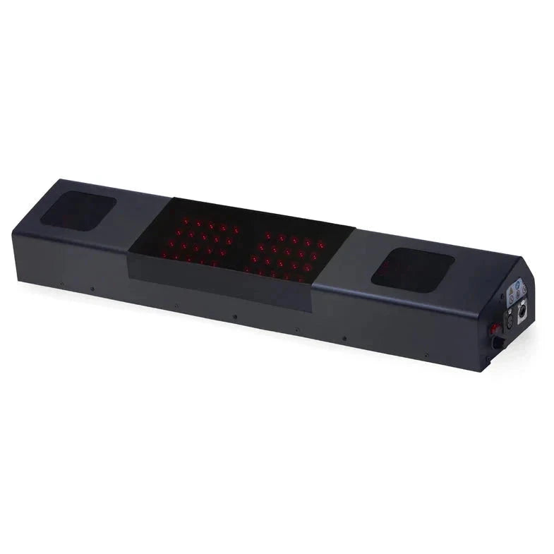 The Uneekor QED Golf Simulator Overhead Launch Monitor is a sleek, black rectangular electronic device that enhances your golf experience, featuring a grid of small red lights at its center. The control buttons are conveniently located on the right side for easy adjustments.