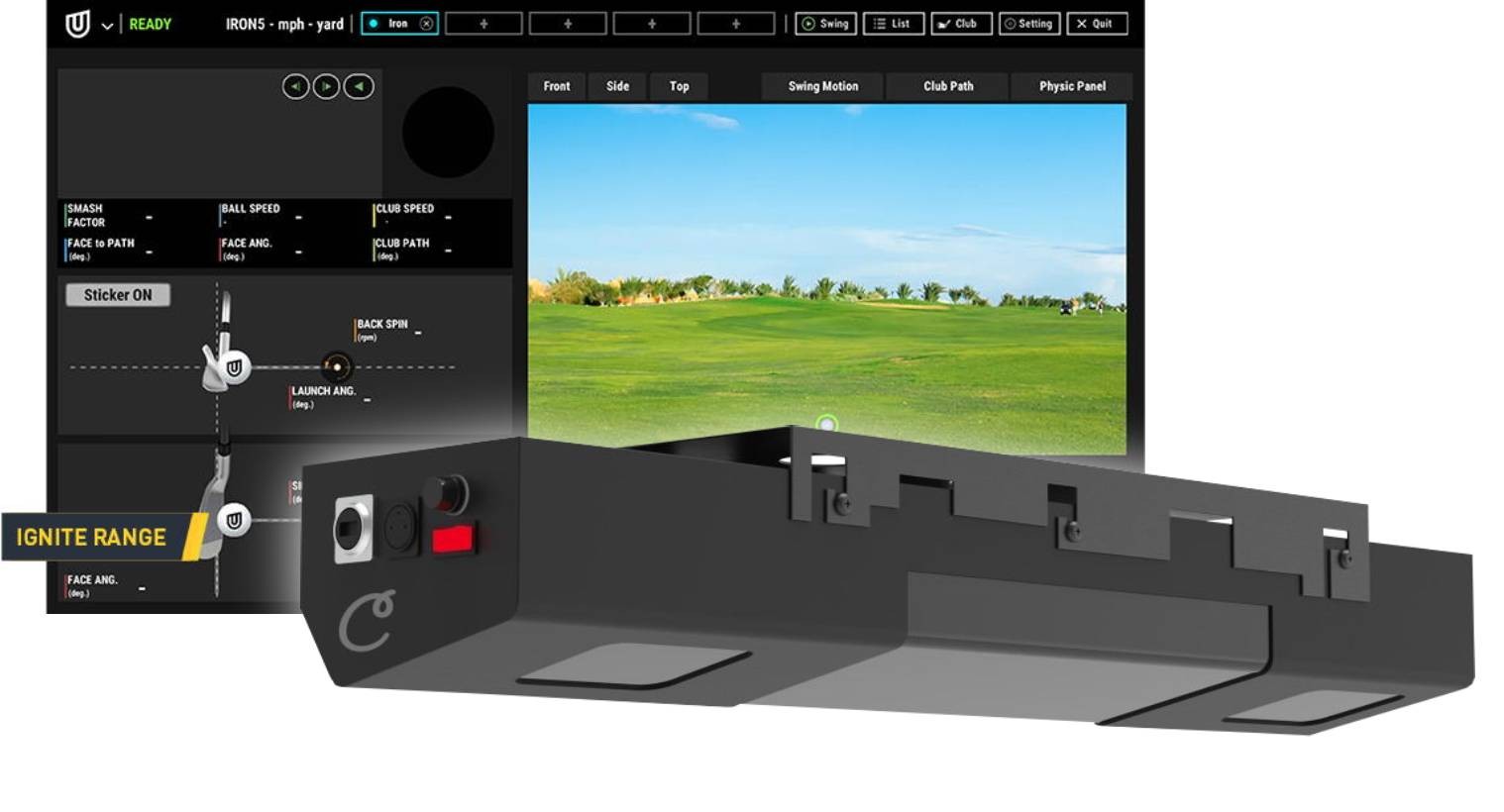 A Uneekor QED Golf Simulator Overhead Launch Monitor setup is displayed, showcasing a control panel with various settings and a scenic golf course image on the screen.