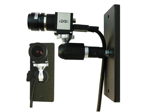 A black and silver surveillance camera from AllSportSystems, paired with their Custom Camera Wall Mount Bracket for Video Coaching in a sleek black design, complete with an attached cable. Ideal for capturing dynamic golf games or enhancing security anywhere it's required.
