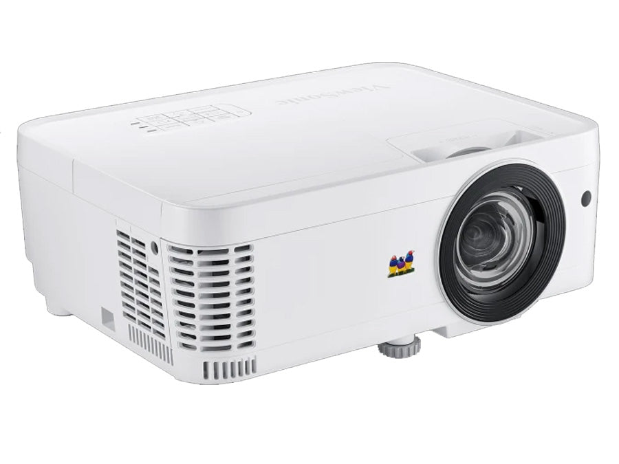 The ViewSonic PS502X Short Throw Golf Simulator Projector (XGA 4:3) features a white design, ventilation grilles, top control buttons, and a front right lens—perfect for golf simulator setups.