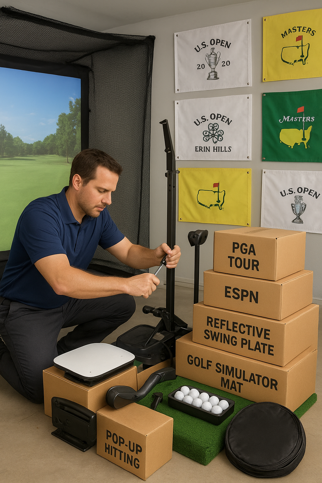 Avid golfer assembling all of his golf simulator accessories and add-ons