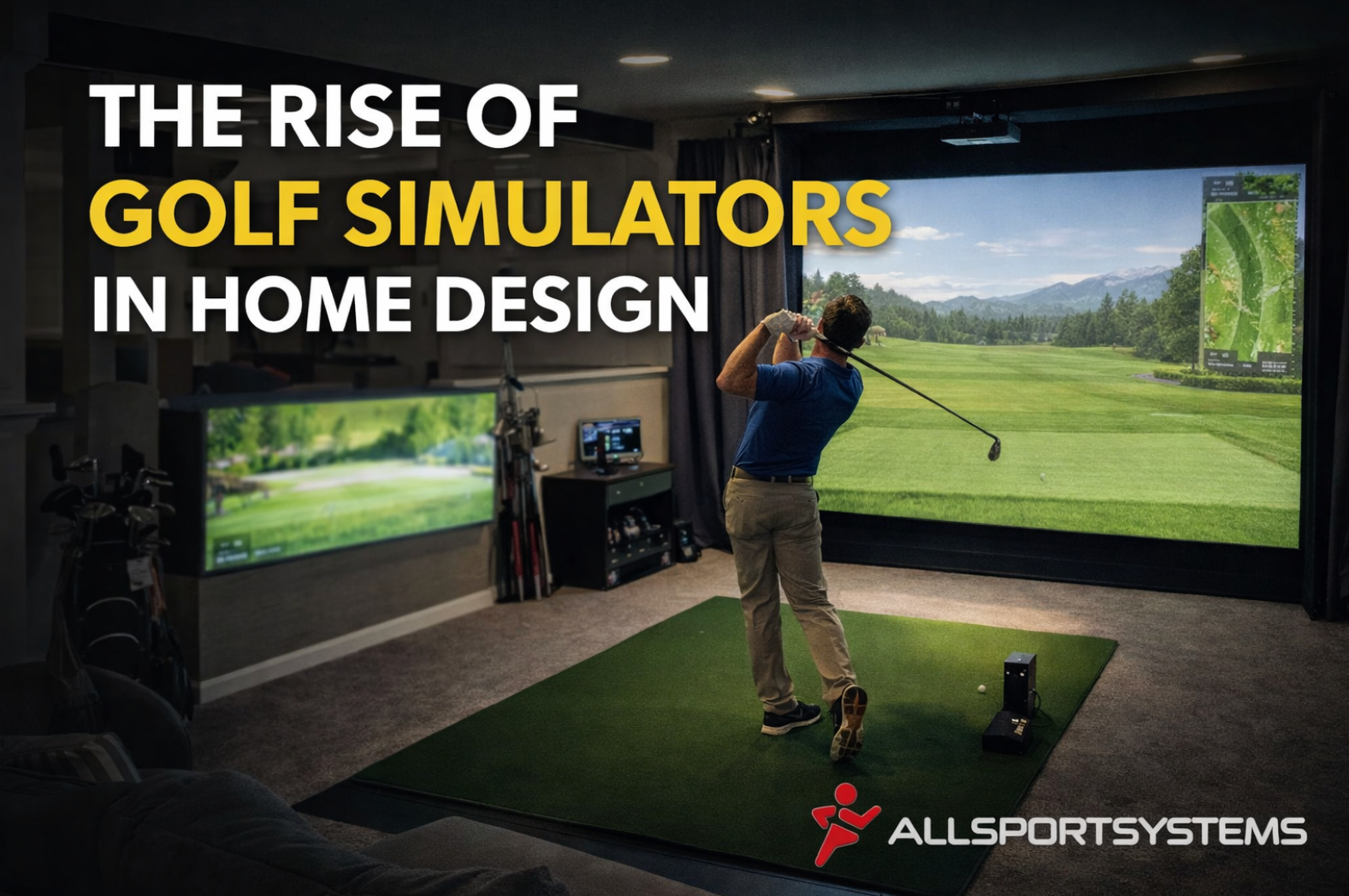 Golfer swinging into their home designed golf simulator package that was professionally installed by AllSportSystems.