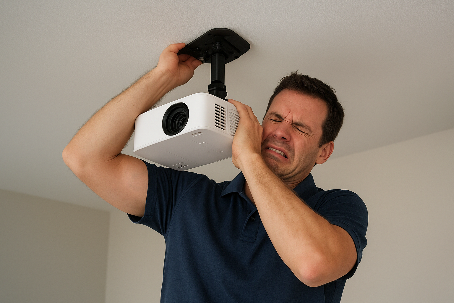 Golfer attempting to hang a projector for a ceiling-mounted golf simulator setup, highlighting mounting challenges