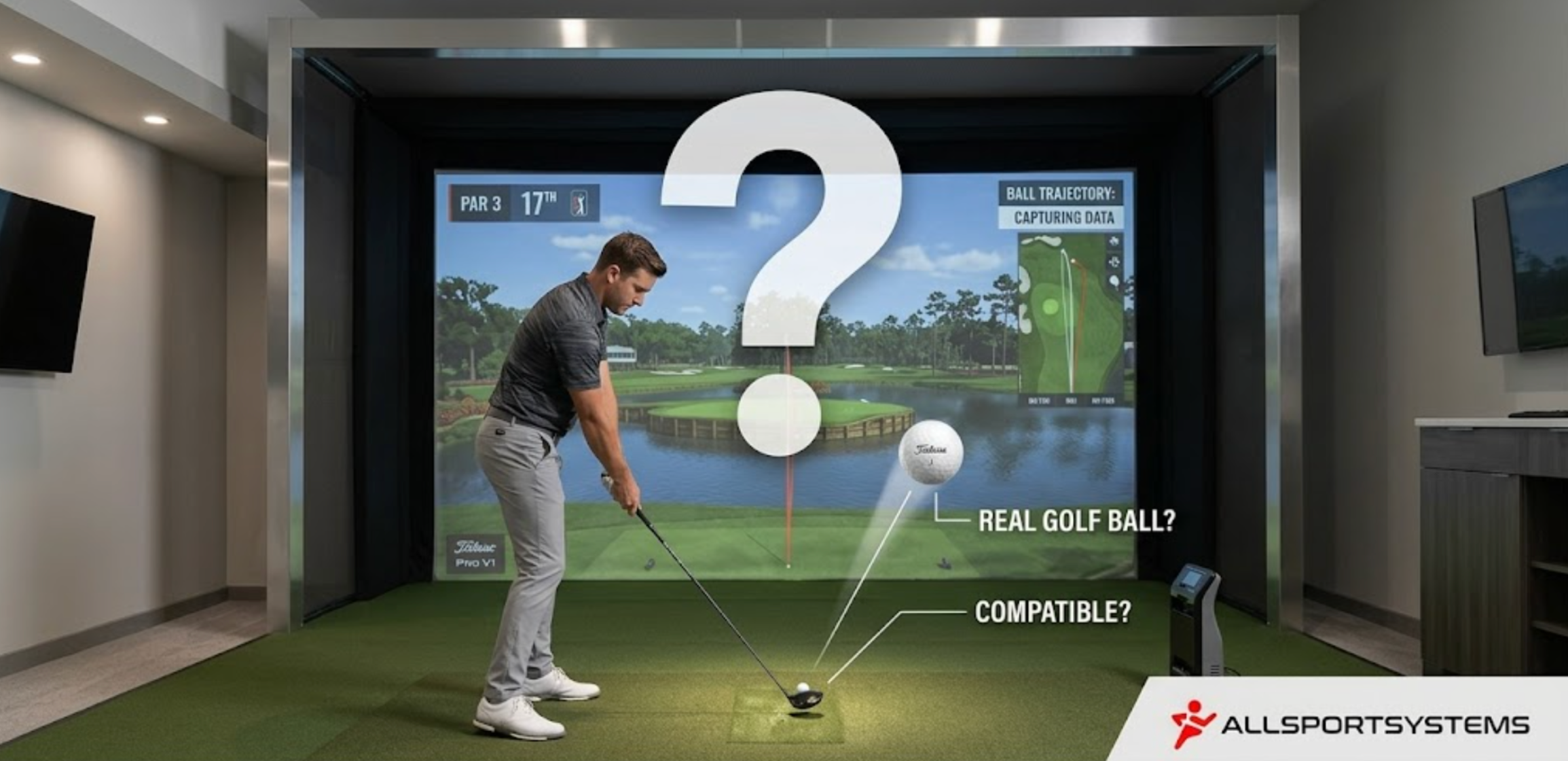 A person hitting a real golf ball into their AllSportSystems golf simulator.