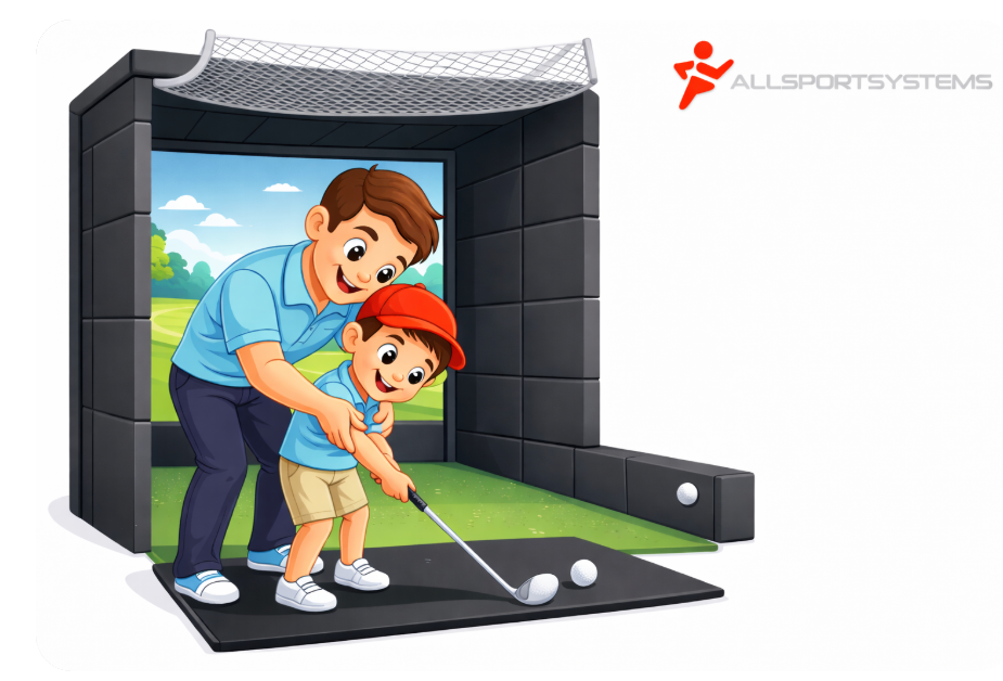 Father and Son Safely Practicing their Golf Swing with an AllSportSystems Golf Simulator