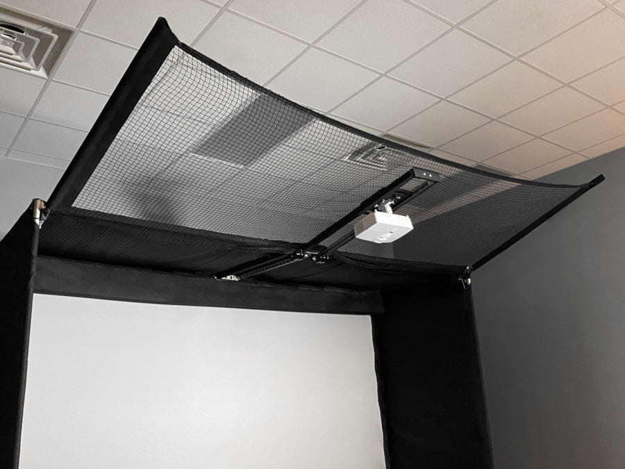 Top and side safety netting for indoor golf simulators to protect from damage caused by stray or shanked golf shots.