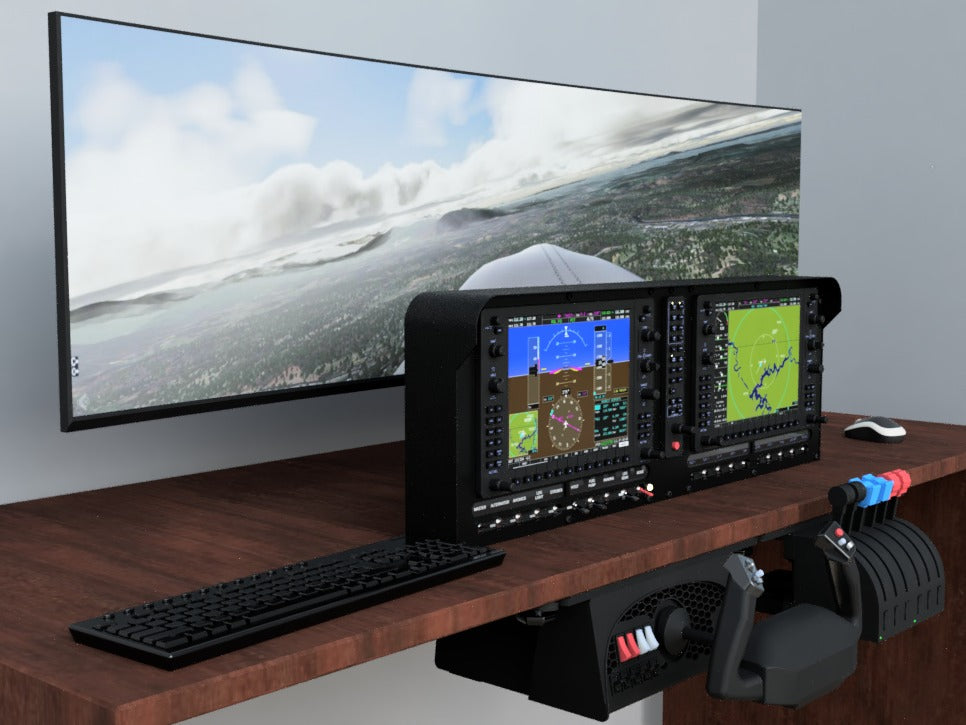 A flight simulator setup on a wooden desk features dual monitors displaying avionics and flight controls with a large screen showing a scenic aerial view.