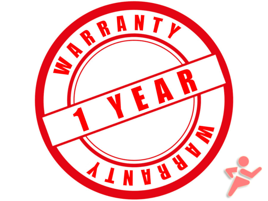 A red circular seal with the bold text "Warranty 1 Year" prominently displayed offers perfect assurance for your AllSportSystems Classic Laptop Tripod Mobile Computer Stand.