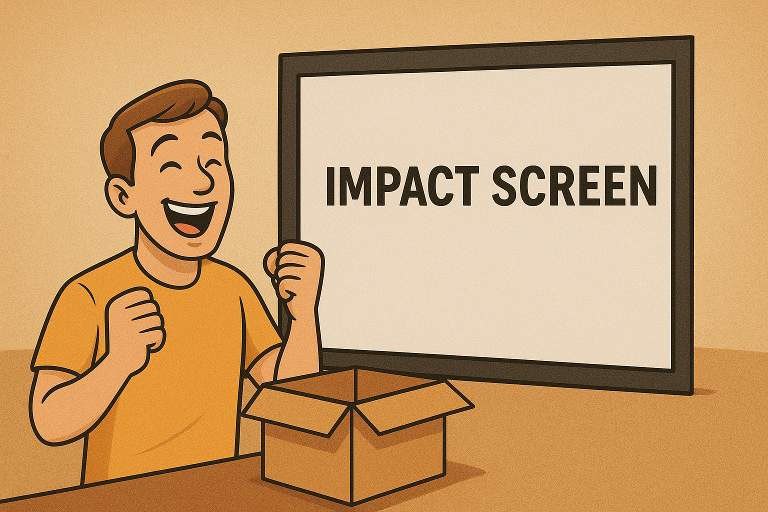 A person smiles excitedly by an open box and a framed screen after using the ALLSPORTSYSTEMS Rush Order Upgrade – Expedite Your Golf Simulator! – to quickly complete their golf simulator setup.