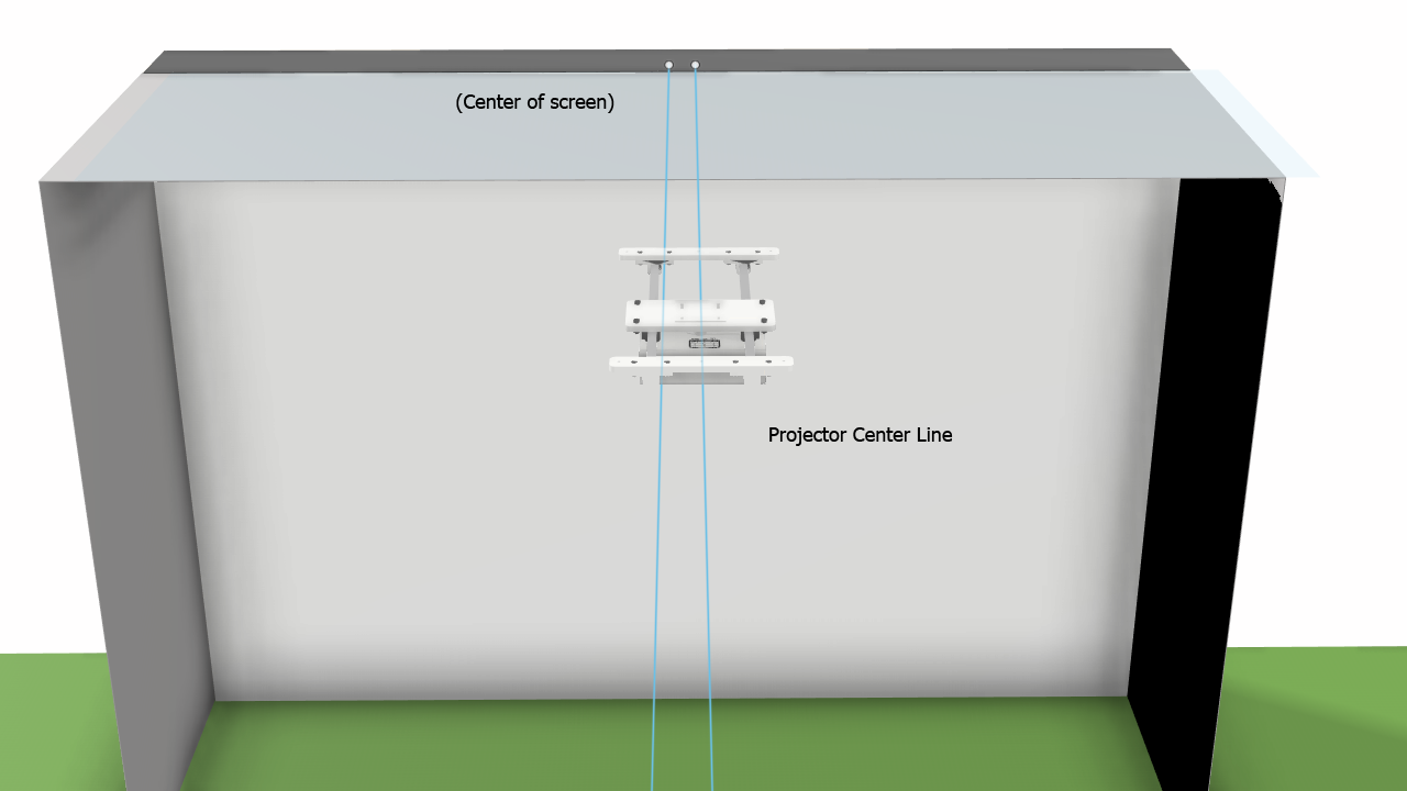 A diagram illustrates the AllSportSystems SkyRail Adjustable Sliding Ceiling Projector Mount for Golf Simulators precisely aligned with the center of a screen in a room.