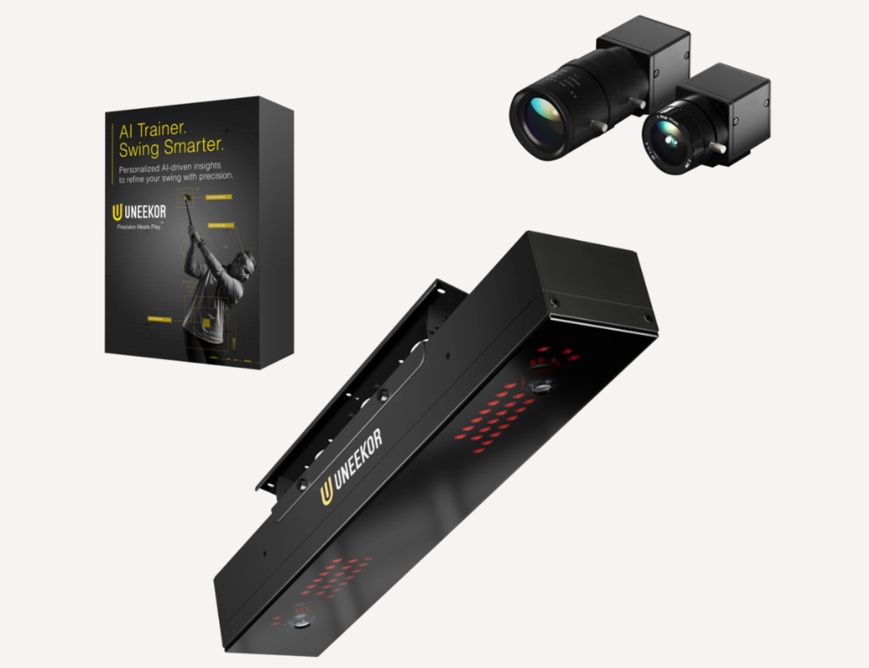 Uneekor EYE XR Rear Mounted Golf Sim Launch Monitors with Swing Optix Cameras and AI Swing Trainer.