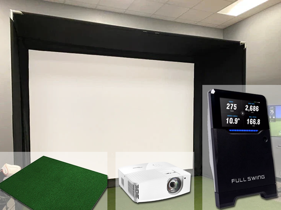 An indoor golf simulator bundle with Full Swing Golf KIT launch monitor, projector, bay and mat included from ALLSPORTSYTEMS.