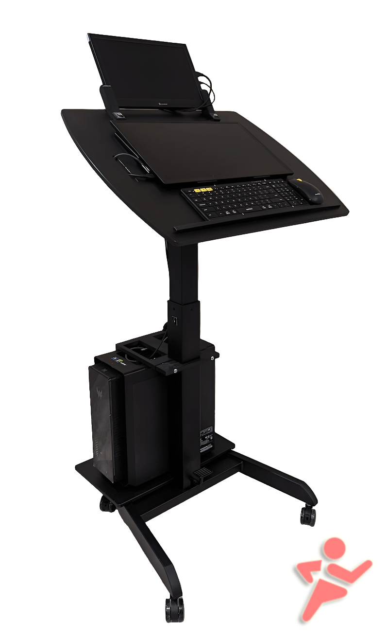 Smart Cart rolling podium computer stand by Allsportsystems. Adjustable lectern with tilting top. Use for presentations, medical office, hospitals, schools.