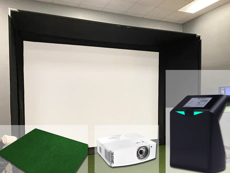 A complete indoor golf simulator package featuring the Trugolf Launch Box, a projector, mat, and golf enclosure with screen from ALLSPORTSYSTEMS.