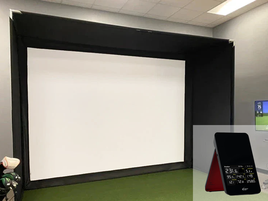 A complete optihot orbit home golf simulator which includes an indoor golf simulator bay, short throw projector, screen, and mat from ALLSPORTSYSTEMS.