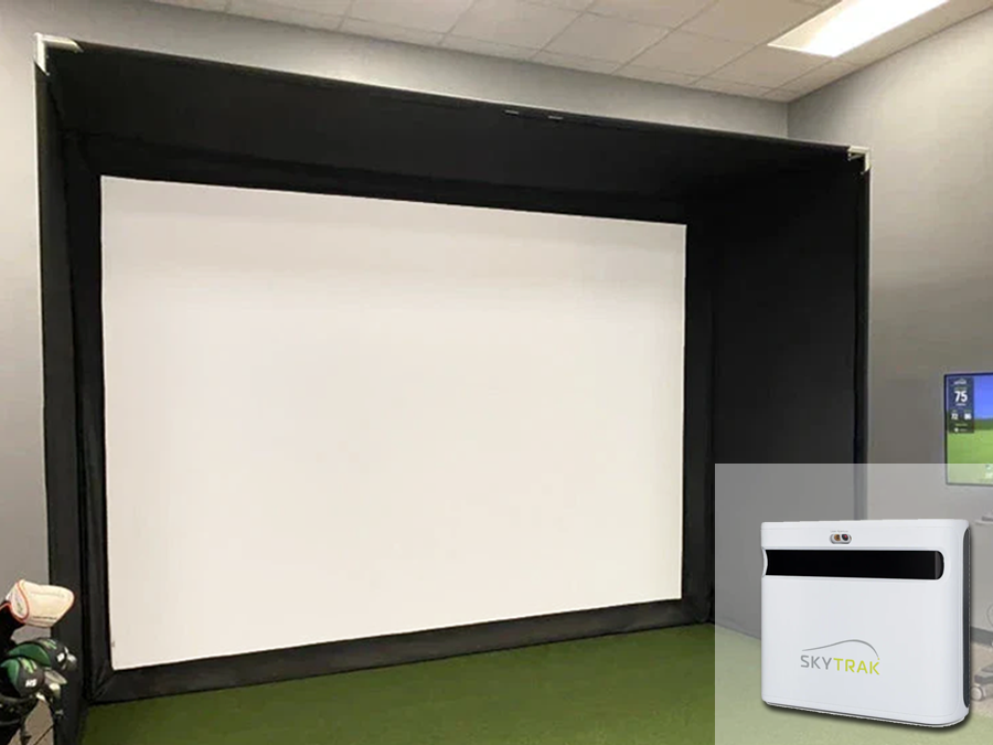 A complete SkyTrak+ home golf simulator package with bay, projector, screen, and mat from ALLSPORTSYSTEMS.