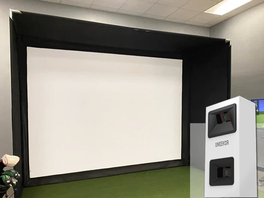 A complete Uneekor Eye Mini Lite indoor golf simulator with a home golf simulator bay, short throw projector, screen, and mat from ALLSPORTSYSTEMS.