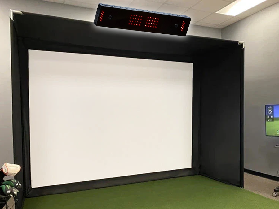 A complete Uneekor Eye XO golf simulator with a home golf simulator bay, short throw projector, screen, and mat from ALLSPORTSYSTEMS.