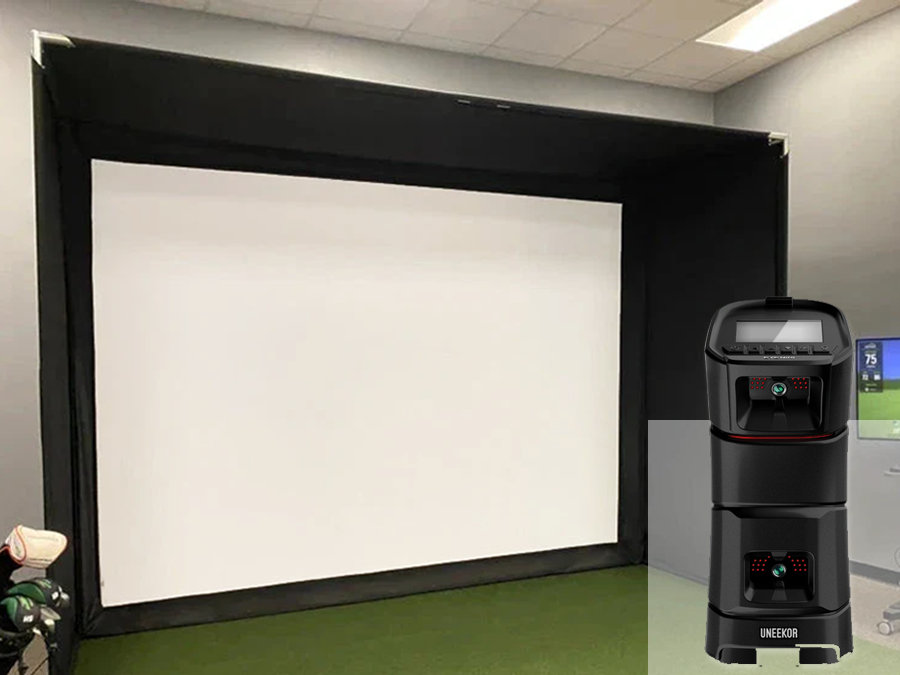 A complete Uneekor Eye Mini home golf simulator kit including an indoor golf bay, projector, screen, and mat from ALLSPORTSYSTEMS.