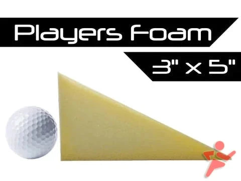 A triangular piece of foam, labeled "Lowest Price Optishot Orbit Complete Golf Simulator Kit" by Fast Bundle, measures 3 inches by 5 inches and is shown next to a golf ball for scale.