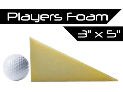 Triangular yellow foam wedge labeled "Players Foam 3'' x 5''" shown with a golf ball for size, part of the Affordable Full Swing Golf KIT Simulator Package with 1080p Projector by ALLSPORTSYSTEMS.