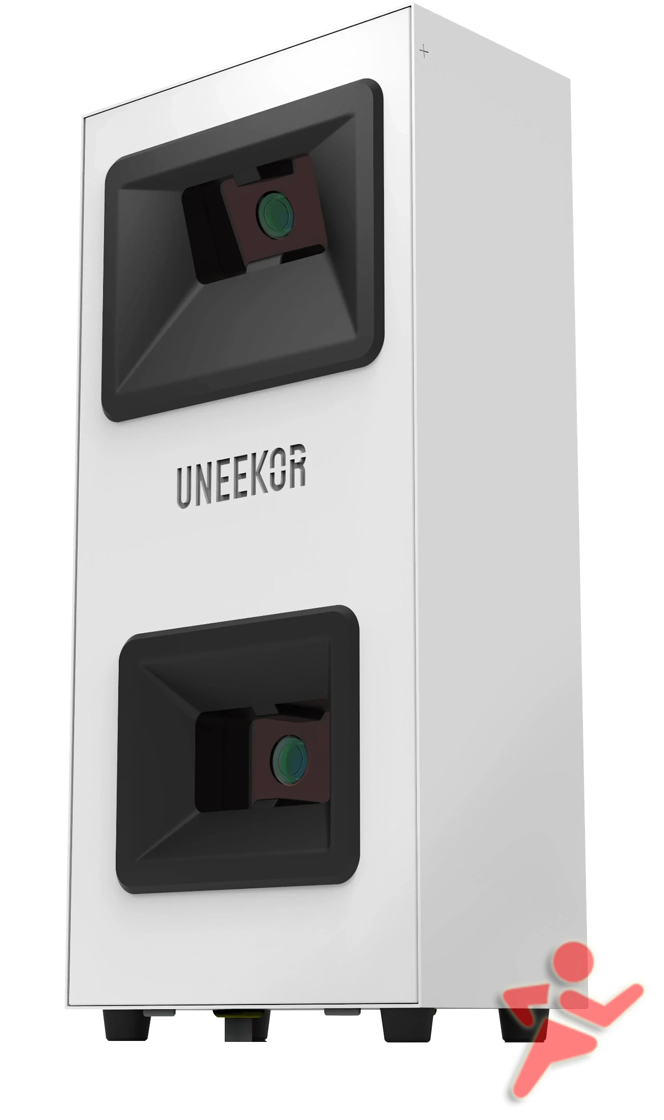 Rectangular white device with two black square panels, each featuring a circular green sensor designed for golf. The product name "Uneekor EYE MINI LITE Golf Launch Monitor" and the AllSportSystems logo are printed on the front, with a red stick figure logo at the bottom right.