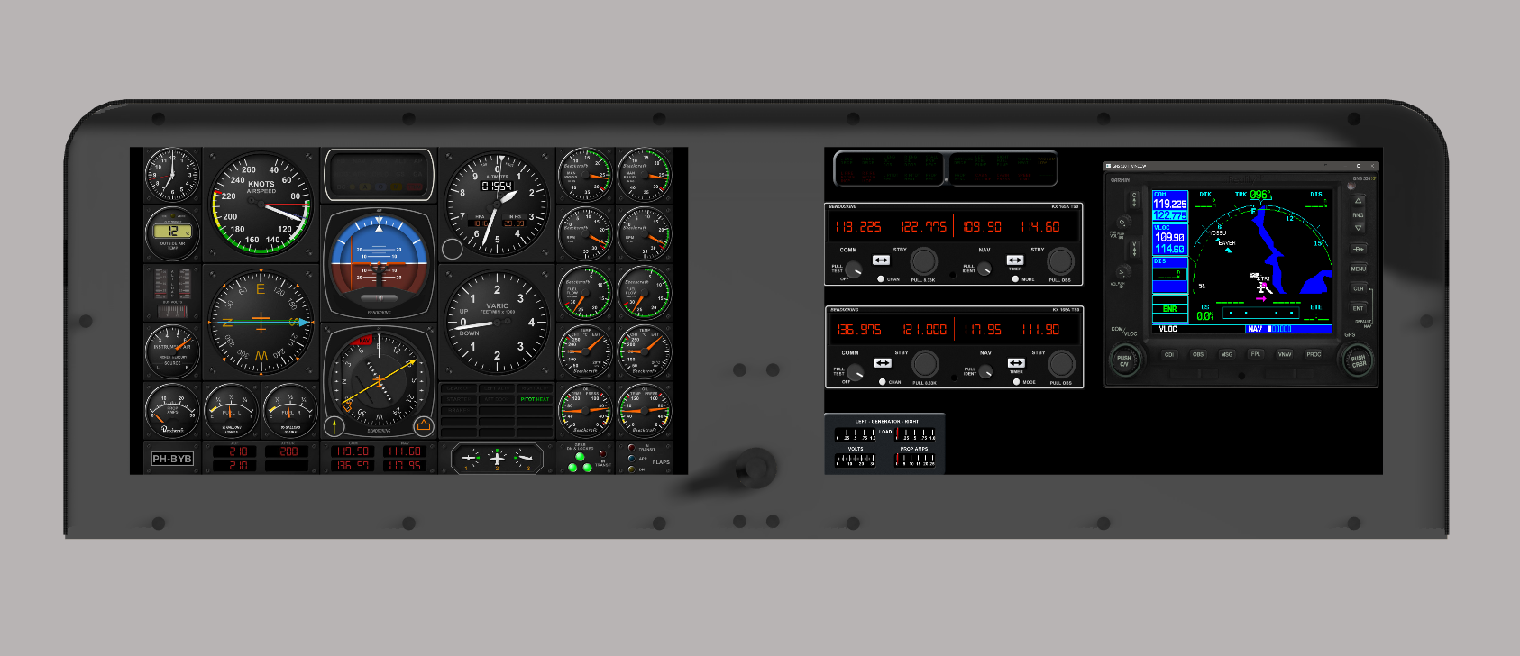 A touchscreen flight simulator dash with two 1080p monitors and a knobster from ALLSPORTSYSTEMS.