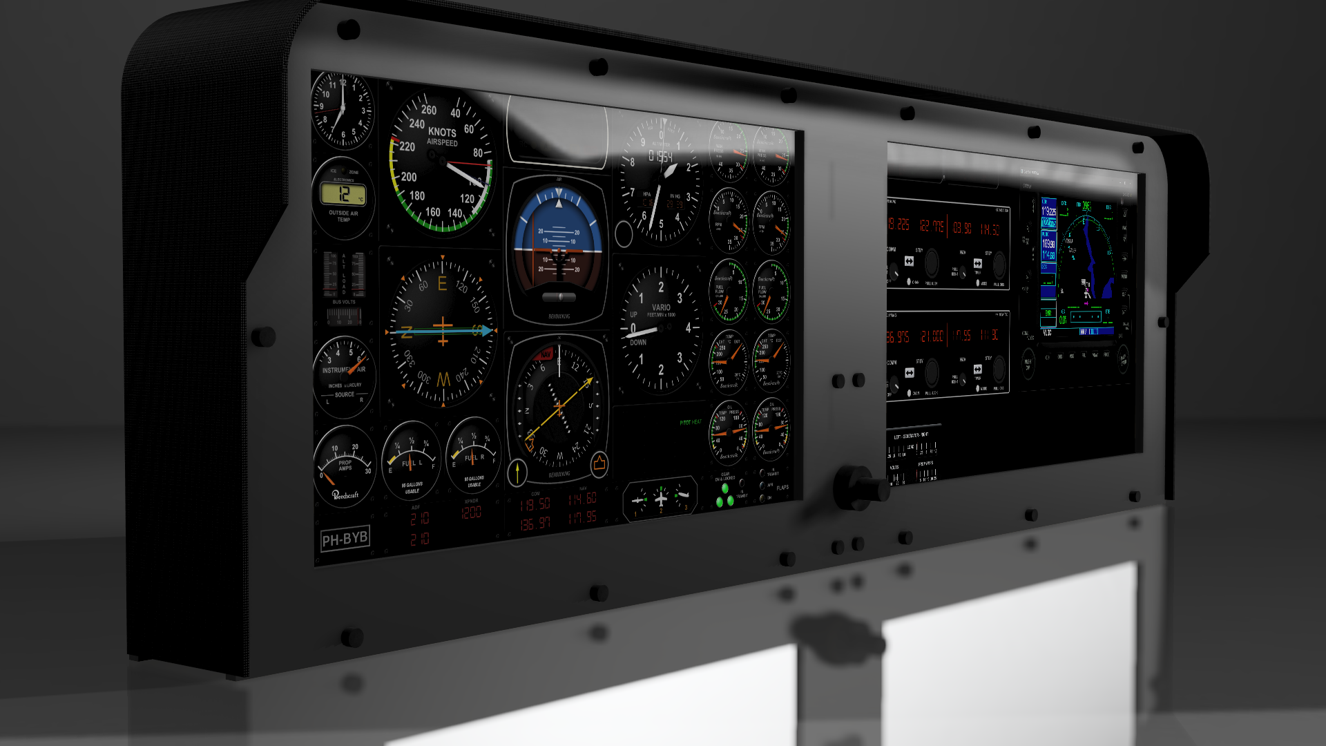 A flight simulator dash or panel complete with two 1080p touchscreen monitors and a knobster from ALLSPORTSYSTEMS.