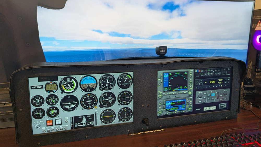 The FlightPanel Touch Instrument Panel for Knobster Home Flight Simulators by ALLSPORTSYSTEMS includes a modern cockpit dashboard with gauges, instruments, and a touchscreen, plus a screen displaying a breathtaking sky view for an immersive experience.