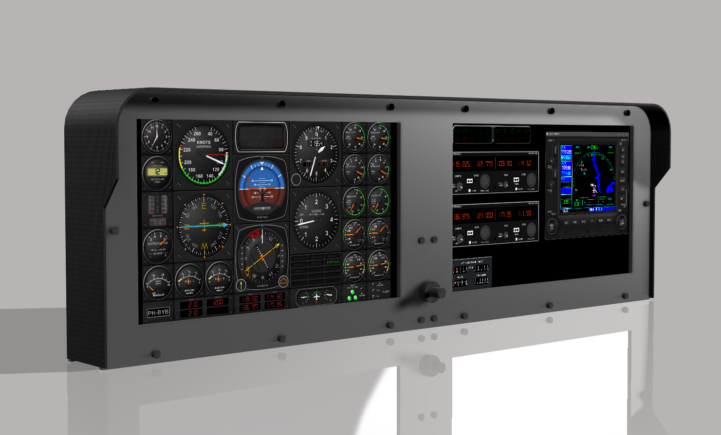 The FlightPanel Touch Instrument Dash Panel by ALLSPORTSYSTEMS combines analog gauges on the left and digital displays on the right, seamlessly integrating advanced touchscreen controls for real-time flight data, enhancing your Knobster home flight simulator experience.