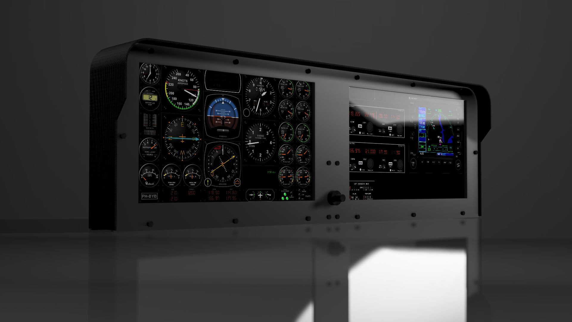 A flight simulator panel with two touchscreen monitors and a knobster from ALLSORTSYSTEMS.