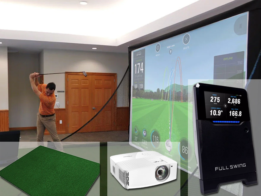 A small indoor golf simulator bundle with Full Swing Golf KIT launch monitor, projector, bay and mat included from ALLSPORTSYTEMS.