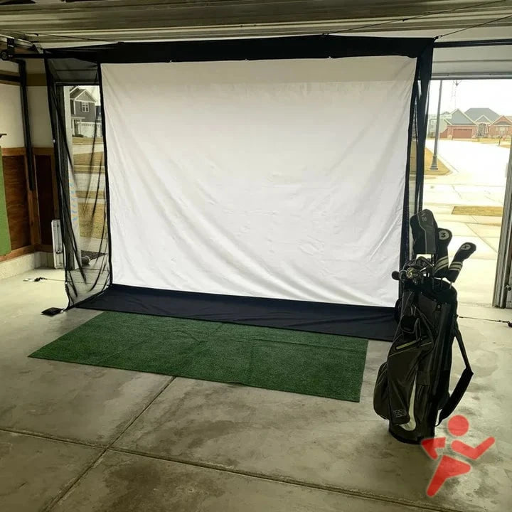 Retractable garage golf simulator impact screen with netting.