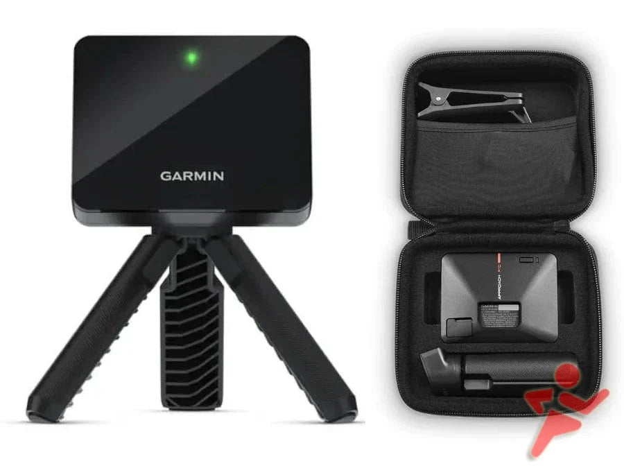 A Fast Bundle Complete Home Golf Simulator, featuring the Garmin R10 and a tripod stand, is displayed alongside a zippered carrying case containing various accessories.